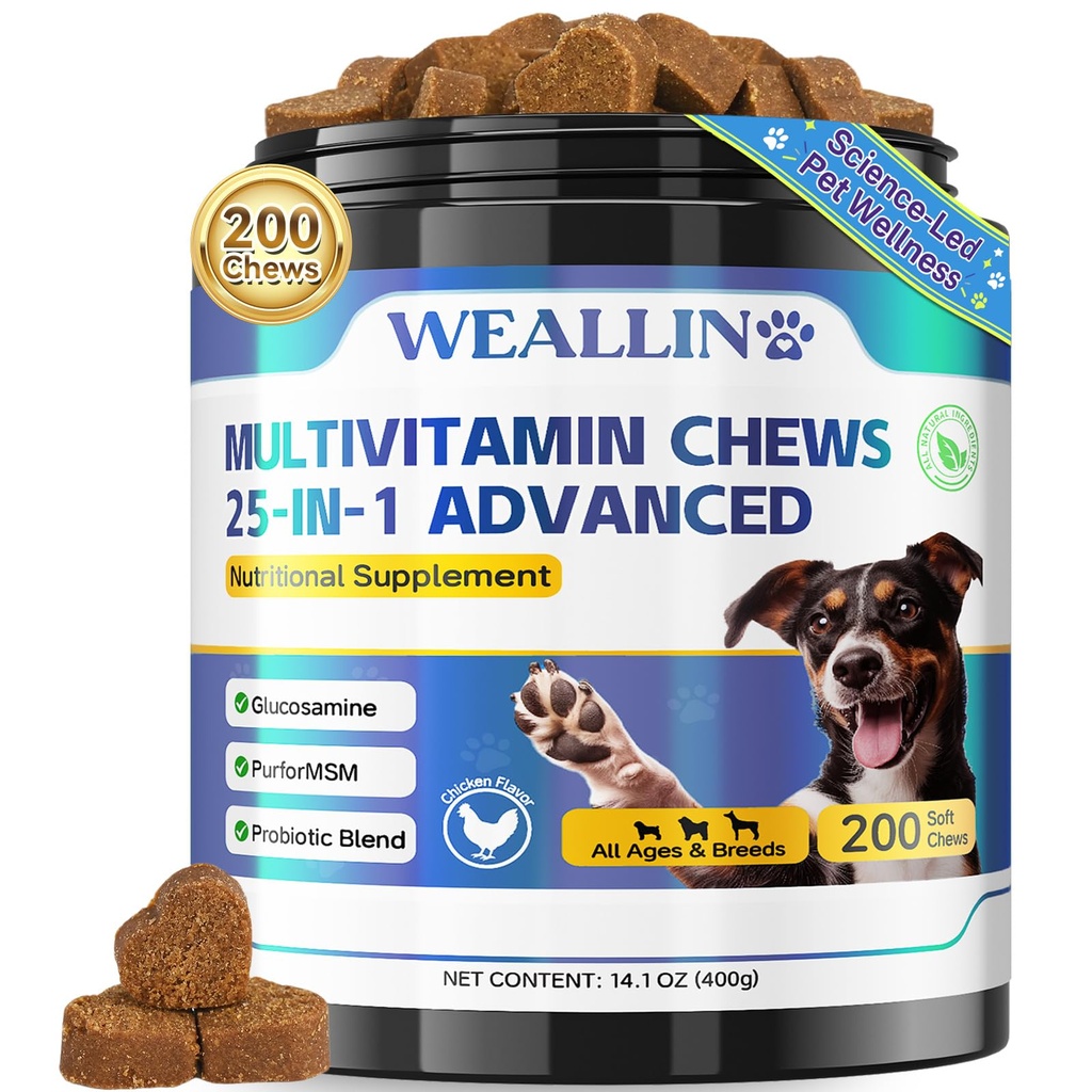 Dog Vitamini - 25-v-1 Dog Vitamini in dodatki Multivitaminski z glukozaminski probiotiki Omega-3 Puppy Multivitaminski žvečljivi za plašč, srce, HIPS & sklepi, Prebava in imunski sistem 200kos