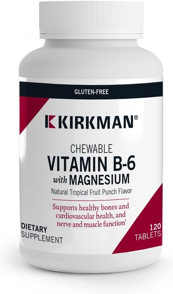 Kirkman - Vitamin B6 z magnezijem - 120 tablet - Potent Vitamin B6 & Magnezij dopolnilo - Žvečljivi Wafer - hipoalergeni