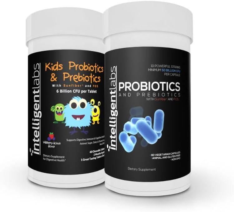 Inteligentni laboratoriji 2-v-1 paket otroških probiotikov (6 milijard CFU s Sunfiber in FOS) + odrasli probiotiki (50 milijard CFU, 10 sevov), ni potrebno hlajenje, 2 meseca dobave na steklenico