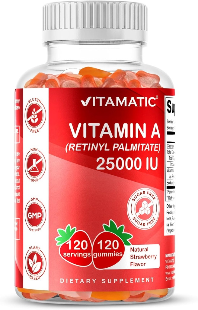 Vitamatski vitamin brez sladkorja A 25000 i.e. gumijevke (Retinil Palmitate) - naravna jagodna aroma - 120 na osnovi pektina