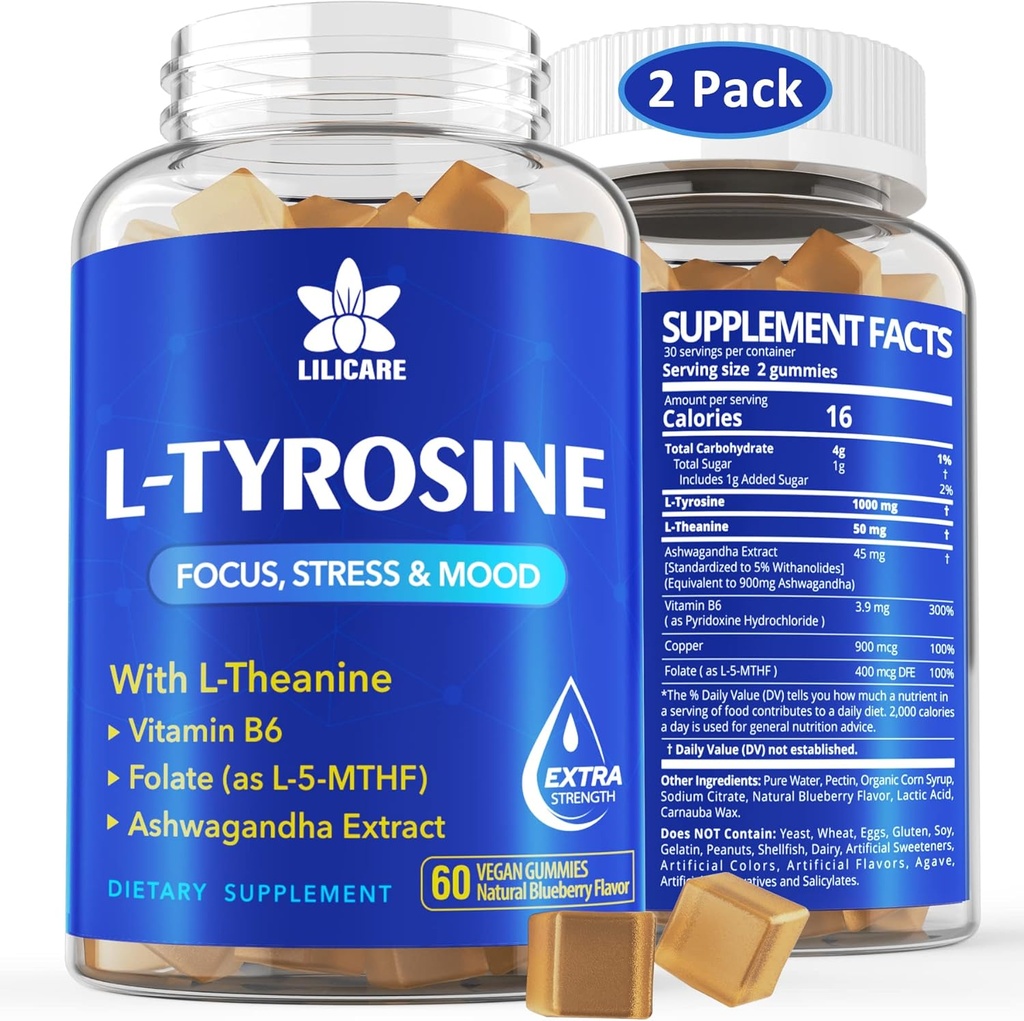 L Tirozin Gummies 1100mg Mešanica za podporo razpoloženju, z Ashwagandha, L-Theanin, Vitamin B kompleks B B6, Folat(Vitamin B9), Focus & Memory, Kognition & Možganska funkcija, Energy Boost,Stress Support, 2Pc/120ct