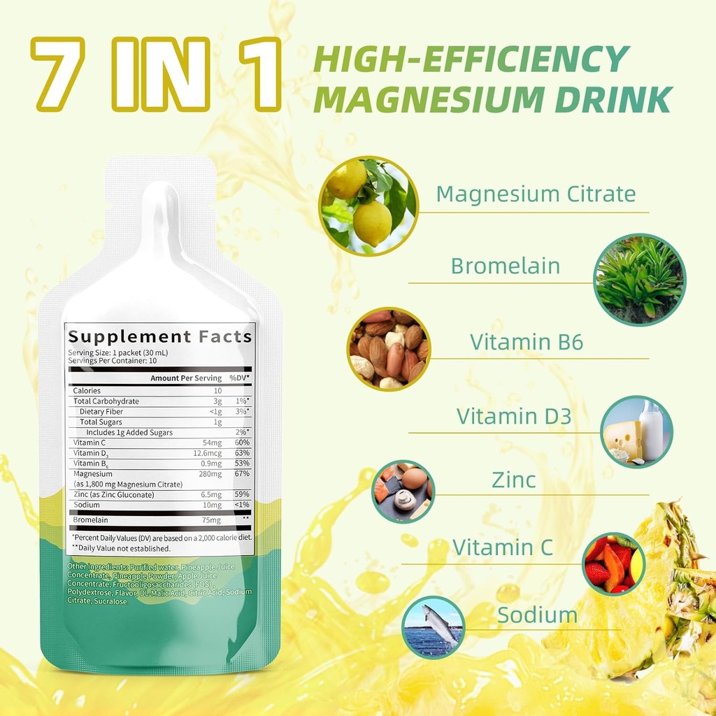 Magnezijev citrat Tekoči dodatek(10 Fl Oz), Magnezijev kompleks Pijača / Oralna raztopina z vitaminomB,Zinc, natrij in bromelan za spanje,Muscle,Heart,Gut podpora (Pineapple)