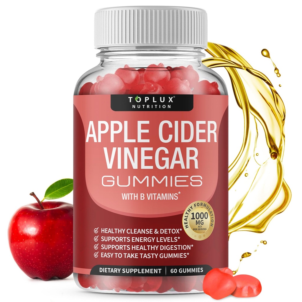 Toplux Apple Cider vinskih gumijevk - 1000mg ACV z B12, koren pese, Granatno jabolko za imunski sistem, Detox & Cleanse, Gummy Alternativa za Apple Cider vinskih kapsul, za moške, 60 Gummies