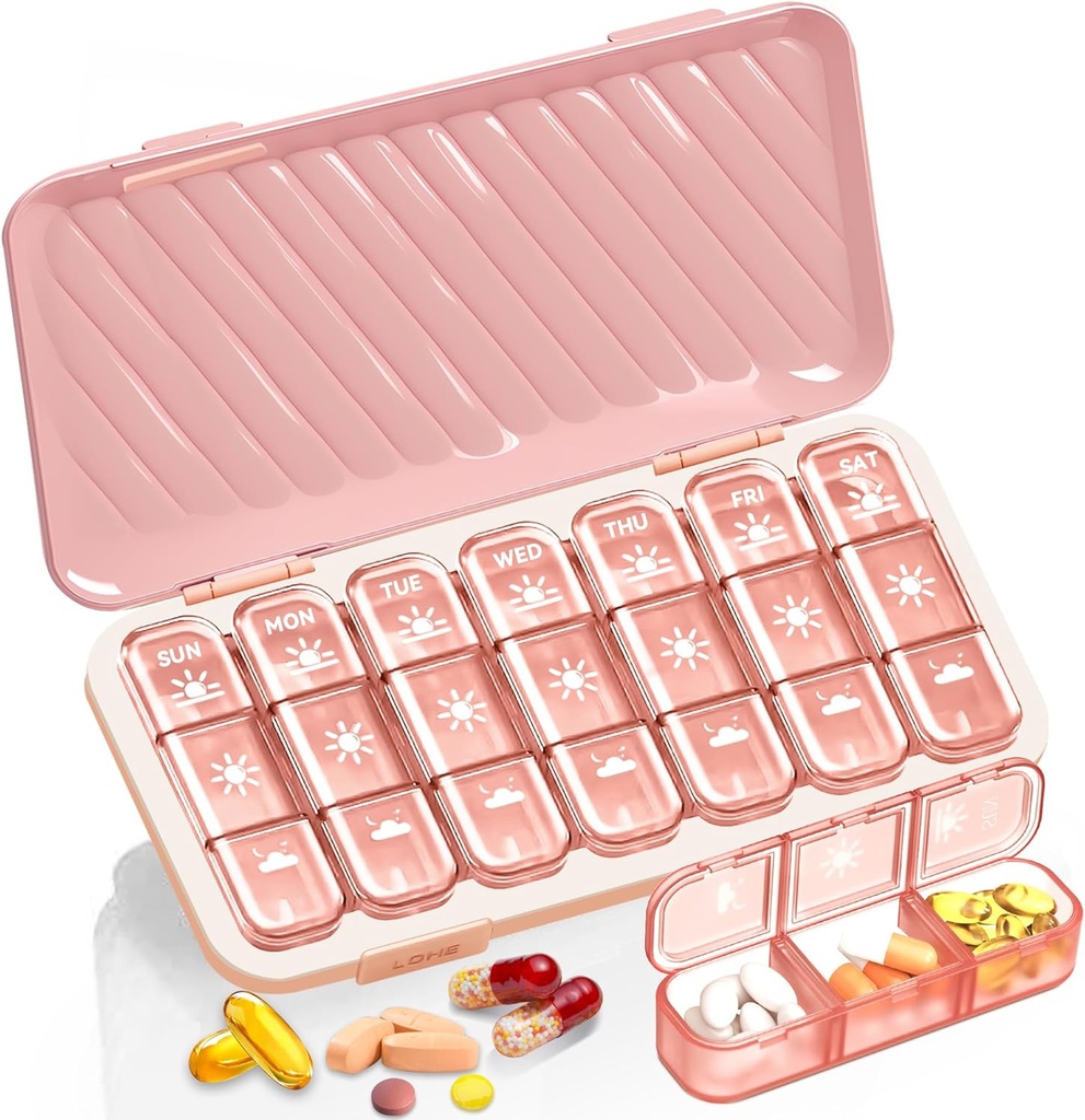 Organizator tablete 3 krat na dan, 7 Day Pill Box - GloDeals Weekly Pill Organizer, Prenosni Odstranljiv dnevno Medicine Dispenzer Primer za vitamin ribje olje dodatek, roza