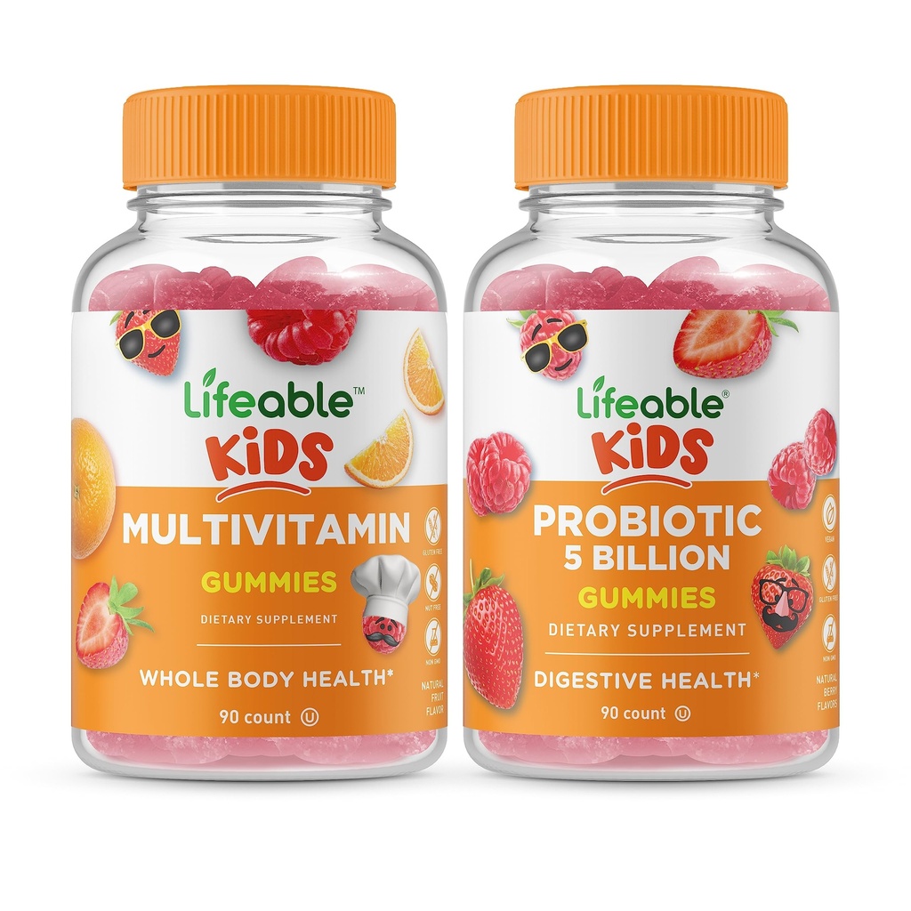 Življenjski multivitaminski otroci + probiotiki 5 milijard otrok, Gummies Bundle - odličen okus, Vitamin dodatek, Gluten brezplačno, GSO brezplačno, Žvečljivi gumi