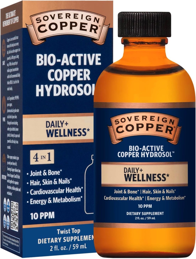 Suvere Copper Professional 4-in-1 Wellness Support, Joint & Bone, Lasje, Koža in nohti, Kardiovaskularno zdravje in energija, Bioaktivna bakrova hidrosol, 30 ppm, Tekoči Twist Top, 2 Fl Oz (59 ml)