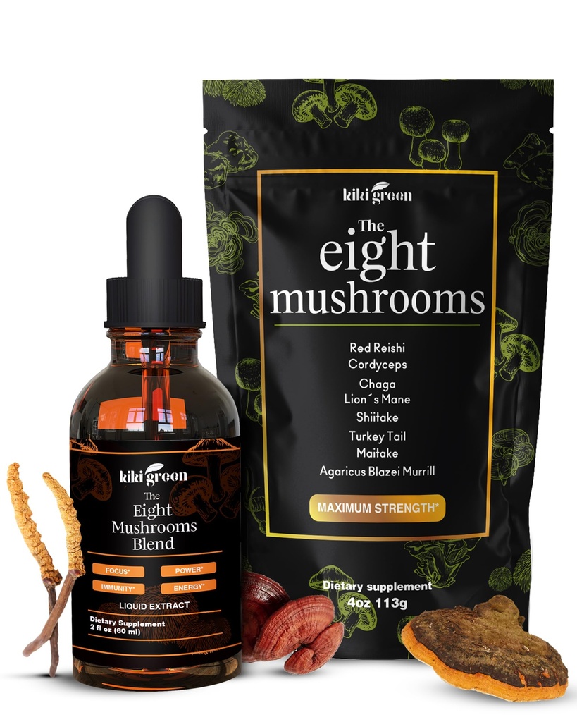 KIKI Green 8 Gobe Powder & Liquid Extract Bundle - Gobe Dodatek kompleks za fokus in energijo - Levja Mane, Chaga, Cordyceps, Turčija rep, Reishi, Shiitake, Maitake - 4 oz, 2 fl oz