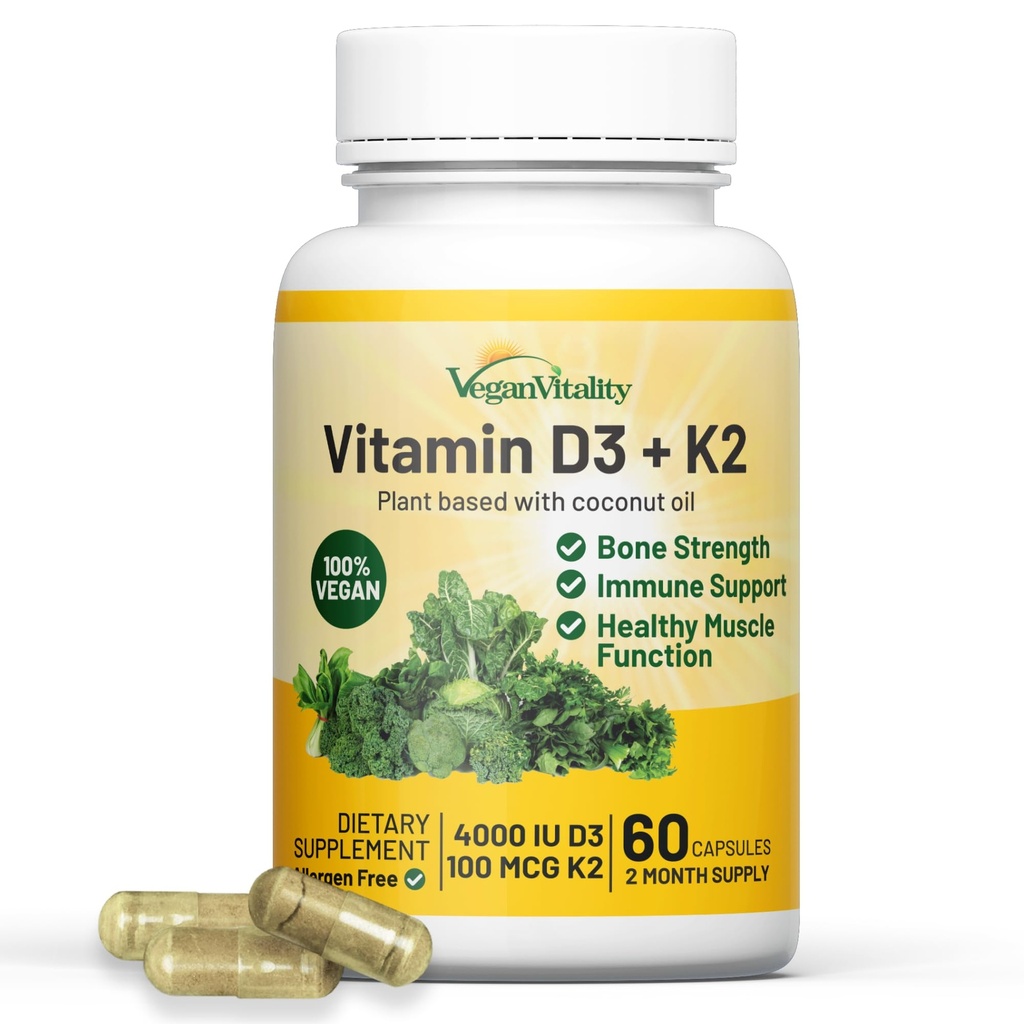 Vegan Vitality Vitamin D3 K2 4000IU (100mcg) with Coconut Oil, 100% Plant Based Vegan Vitamin D for Vegan and Vegetarian - 60 Capsules