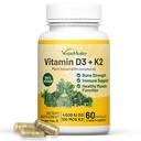 Veganska vitalnost Vitamin D3 K2 4000 i.e. (100mcg) s kokosovim oljem, 100% rastlinski veganski vitamin D za Vegan in Vegetarian - 60 kapsul