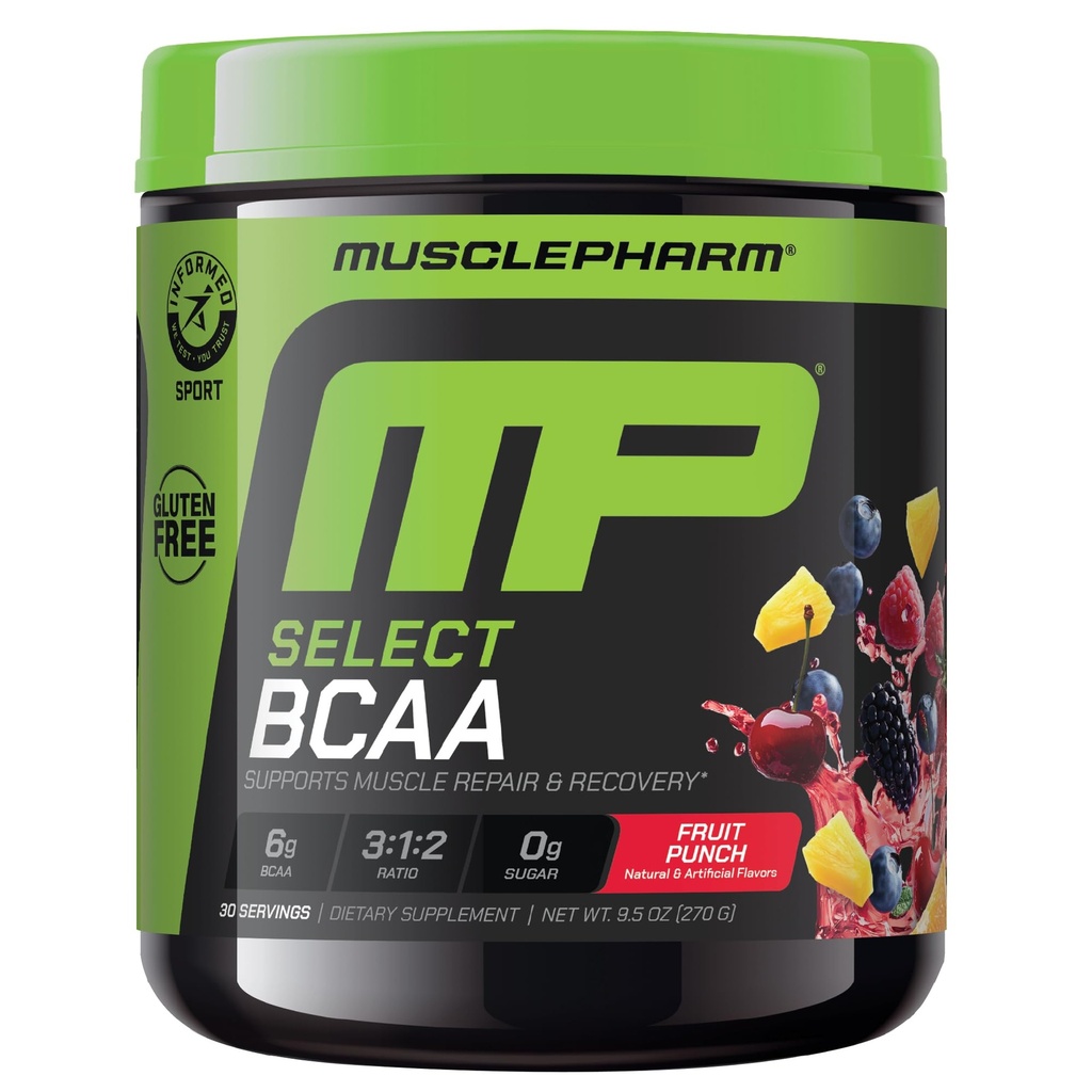 MusclePharm Essentials BCAA Powder, Pre & Post Workout Recovery Drink, podpira okrevanje mišic in energijo, Essential Aminokisline, 30 Serv, Sadni Punch