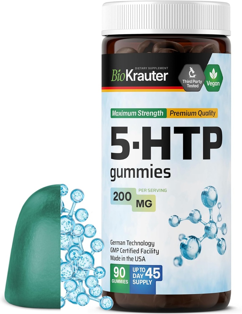BIO KRAUTER 5 HTP dodatek Gumies - 200 mg Jakost - 90 Veganski žveči - Podpora za sprostitev 5HTP Plus L Triptofan dodatek - pektin na osnovi formule