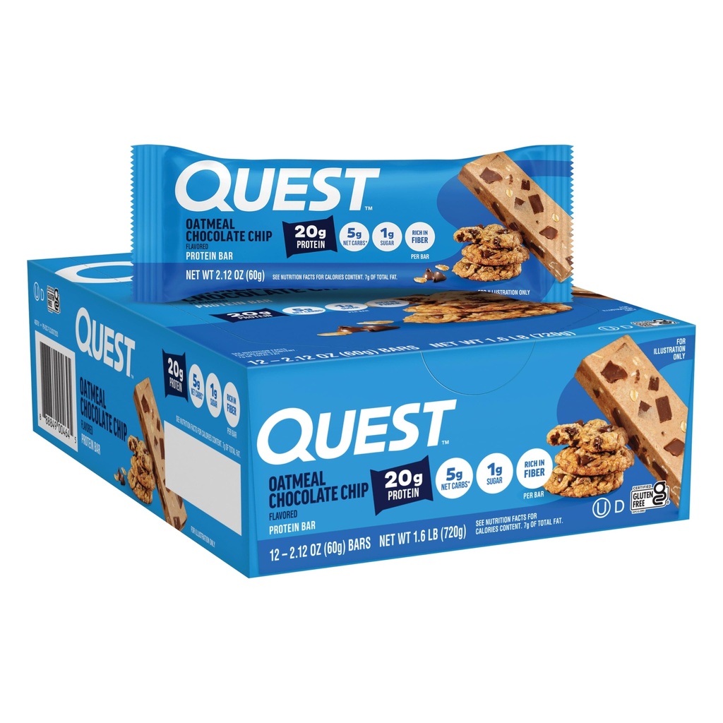 Quest Nutrition Oatmeal Chocolate Chip Protein Bars, 20g Beljakovine, 1g sladkorja, 5g neto Carb, Gluten Free, Keto prijazno, 12 Count