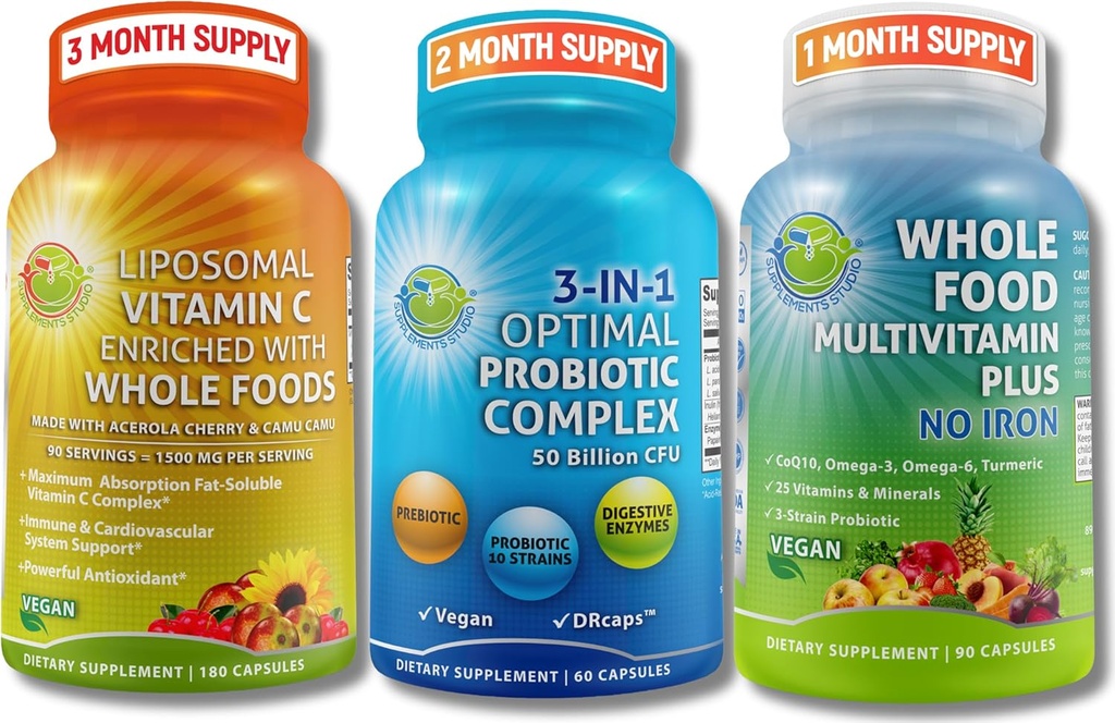 Gut Health, Immuniteta, Energy & Nutrient Support – 3-in-1 Probiotik z digestivnimi encimi + liposomski vitamin C 1500mg + Cela hrana Multivitamin brez železa – Vegan, Non-GMO, Čista wellness Podpora