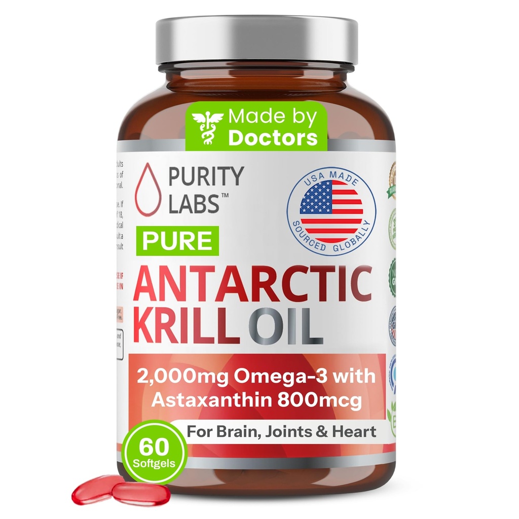 Čistost Labs Antarktika Krill Oil 2000mg Omega-3 z Astaksantin 800mcg dodatki za podporo pomnilnika, bogati z Omega 3, maščobne kisline, DHA, EPA & fosfolipidi - 60 Softgels