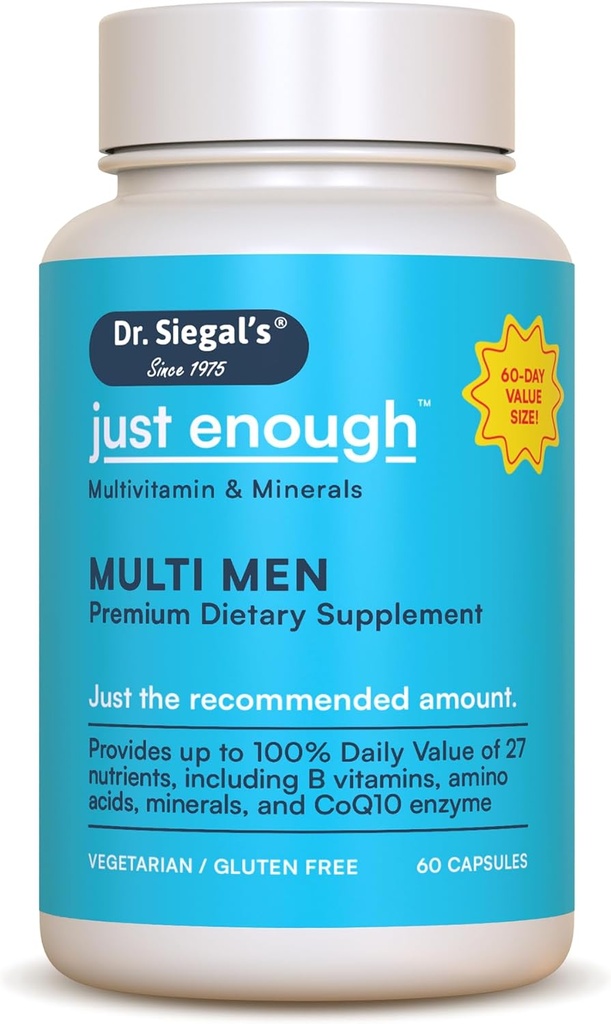 Dr. Siegal's Just dovolj multivitaminov za moške - 60 kapsul - 60 serverjev Vegetarijanski multivitaminski za moške kapsule - moški dnevni multivitaminski - moški multivitaminski in multimineralni dodatek