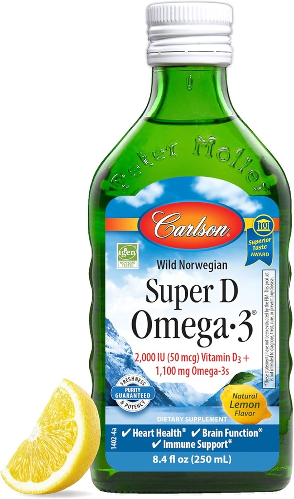 Carlson - Super D Omega-3, Divji ulov norveškega arktičnega trska Jetrnega olja, 2000 i.e. (50 mcg) Vitamin D3, 1100 mg Omega-3, trajnostno pridobljeno nordijsko ribje olje Limona, 250 ml