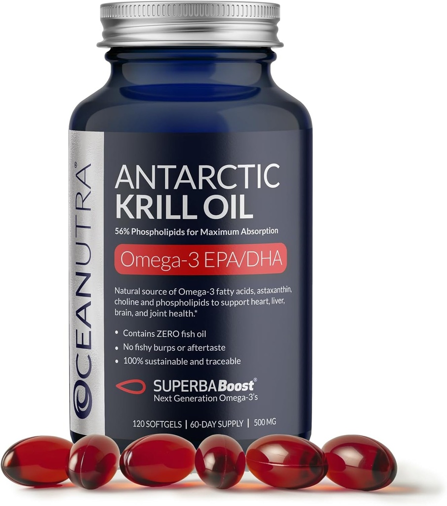 Divja Antarktika Kril Oil 500mg Softgels, SuperbaBoost Omega 3 Dopolnilo, EPA & DHA, Astaksantin, Choline, 56% Fosfolipids, Trajnostno, Brez ribjega olja, Vanilla Flavor (60-dnevna dobava)