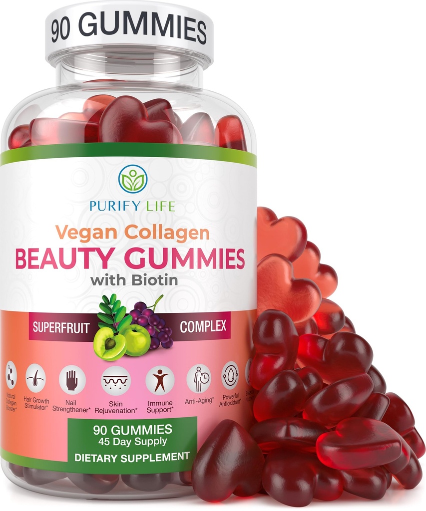 Čiščenje Life Vegan Colagen Gumies z Biotin Vitamini za lase kože in nohte zdravje, (90 Chews) Kolagen podpora Supersadni kompleks z Resveratrol, Vitamin A, E, C - Zamenjajte kapsule, tablete