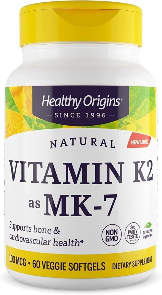 Zdravi izvori Vitamin K2 100 mcg (MK-7, Ne-GMO, Gluten prost, Kardiovaskakularna podpora, Podpora kosti), 60 Veggie Gels