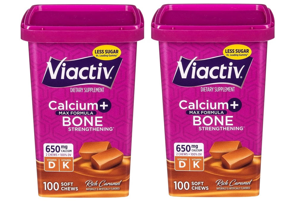 Viactiv Max Formula Kalcij +Vitamin D3 Dopolnilo za zdravje kosti, Bogata karamela, 100 mehkih žvečil - 2 paket