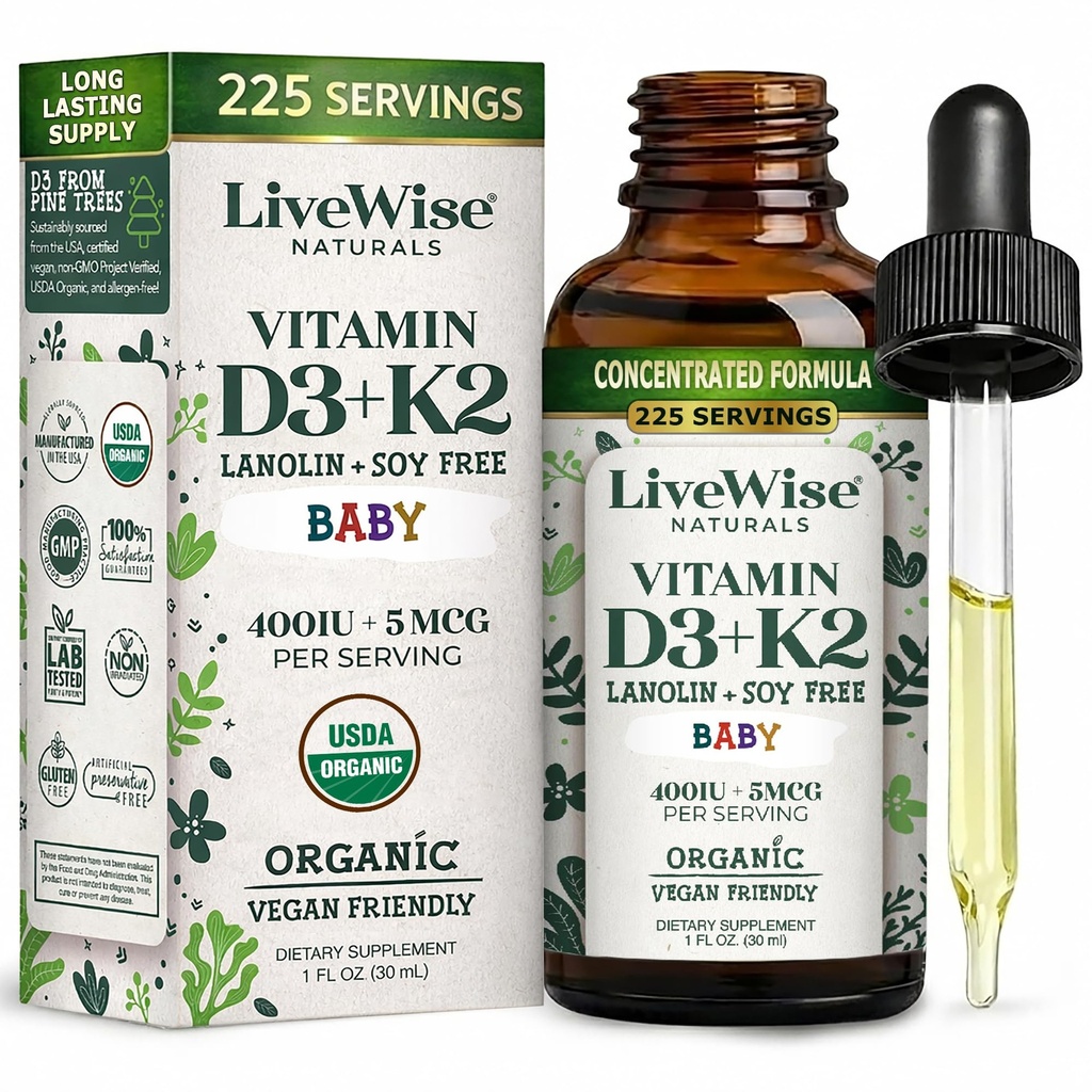 LiveWise Naturals Baby Vitamin D3-K2 Tekoči dodatek, Vitamin kapljice za dojenčke in malčki, za zdravo rast, razvoj in dnevno Wellness, enostaven za uporabo kapalko v stekleni steklenici, 1 Fl Oz