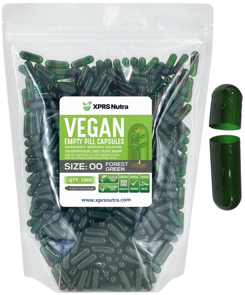 XPRS Nutra Velikost 00 Prazne kapsule - 1000 Štetje Prazne Veganske kapsule - Vegetarijanske prazne tablete - DIY Zelenjavne kapsule Polnjenje - Veggie Pills (Forest Green)