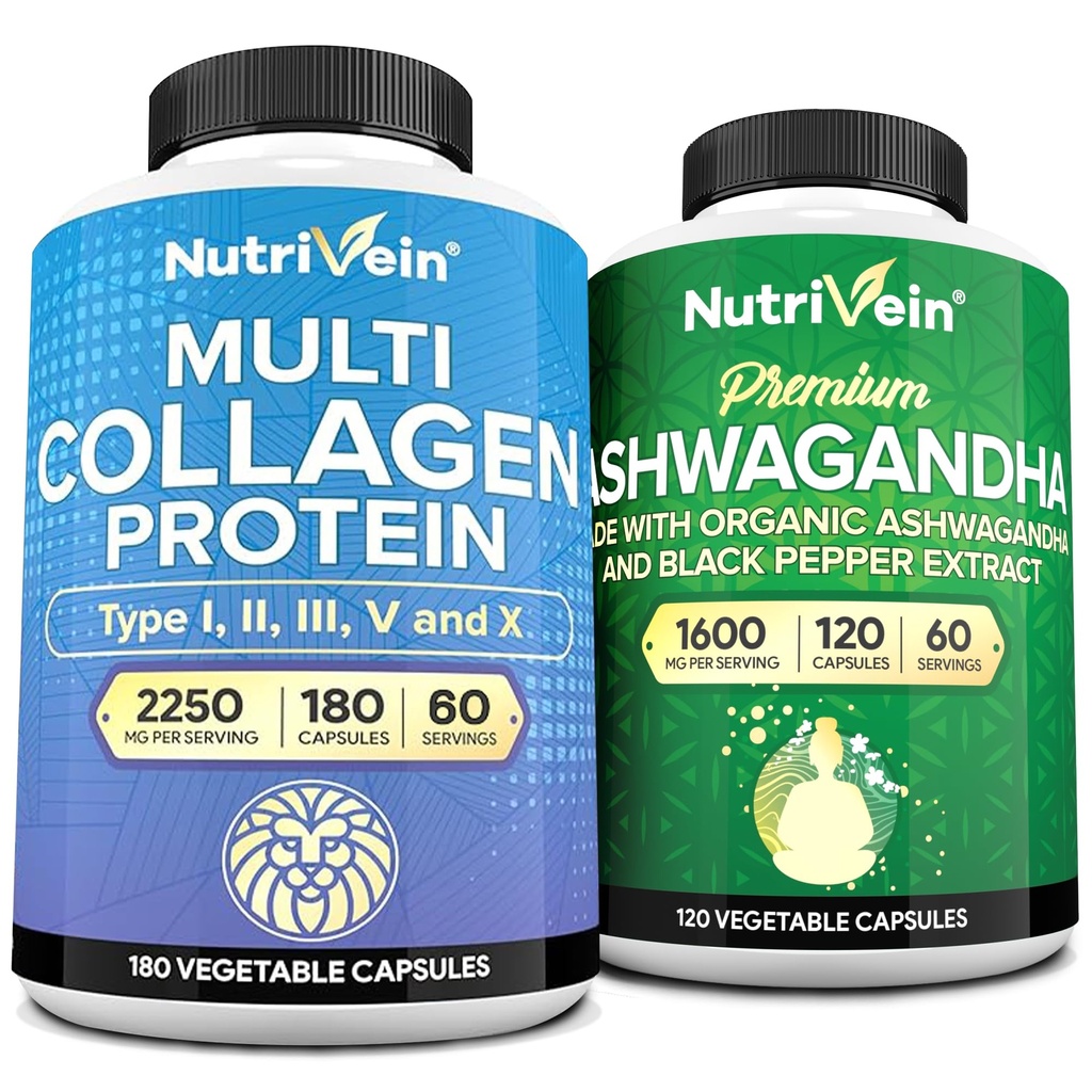 Nutrivein Premium Multi Collagen Kapsule & Ashwagandha dopolnila: Visoko-Absorpcija Ashwagandha Root & Multi Collagen Peptide Kapsule za telo in um