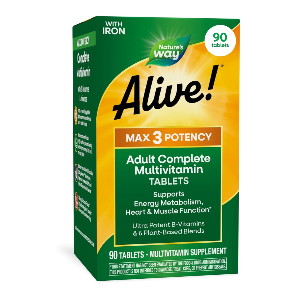 Naravna pot živa! Max3 Močni dnevni multivitaminski, metilirani B12 in folat, ultrapotezni B-vitamini za podporo energetski presnovi*, 90 tablet
