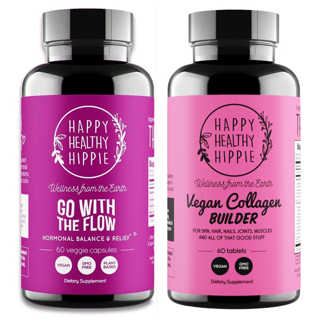 Happy Healthy Hippie Vegan Collagen Builder w/Hyaluronic Acid & Pojdi s Flow Hormone Balance za ženske
