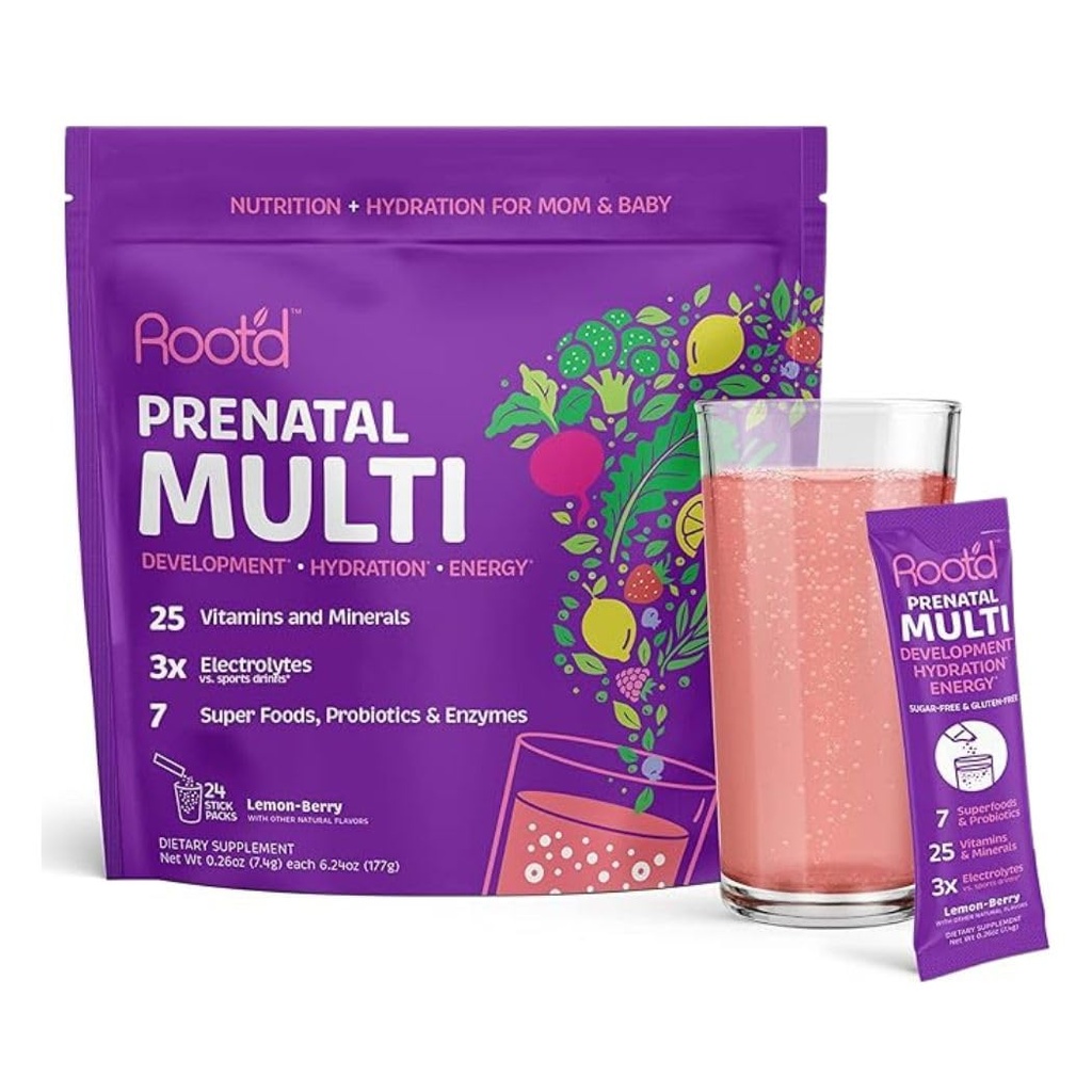 Root'd Prednatalni multivitaminski prašek s 3X elektroliti - 25 Vitamini in minerali, Folat, železo, vitamin D3, 7 Superživila in probiotiki, brez sladkorja Vitamini in hidracija 