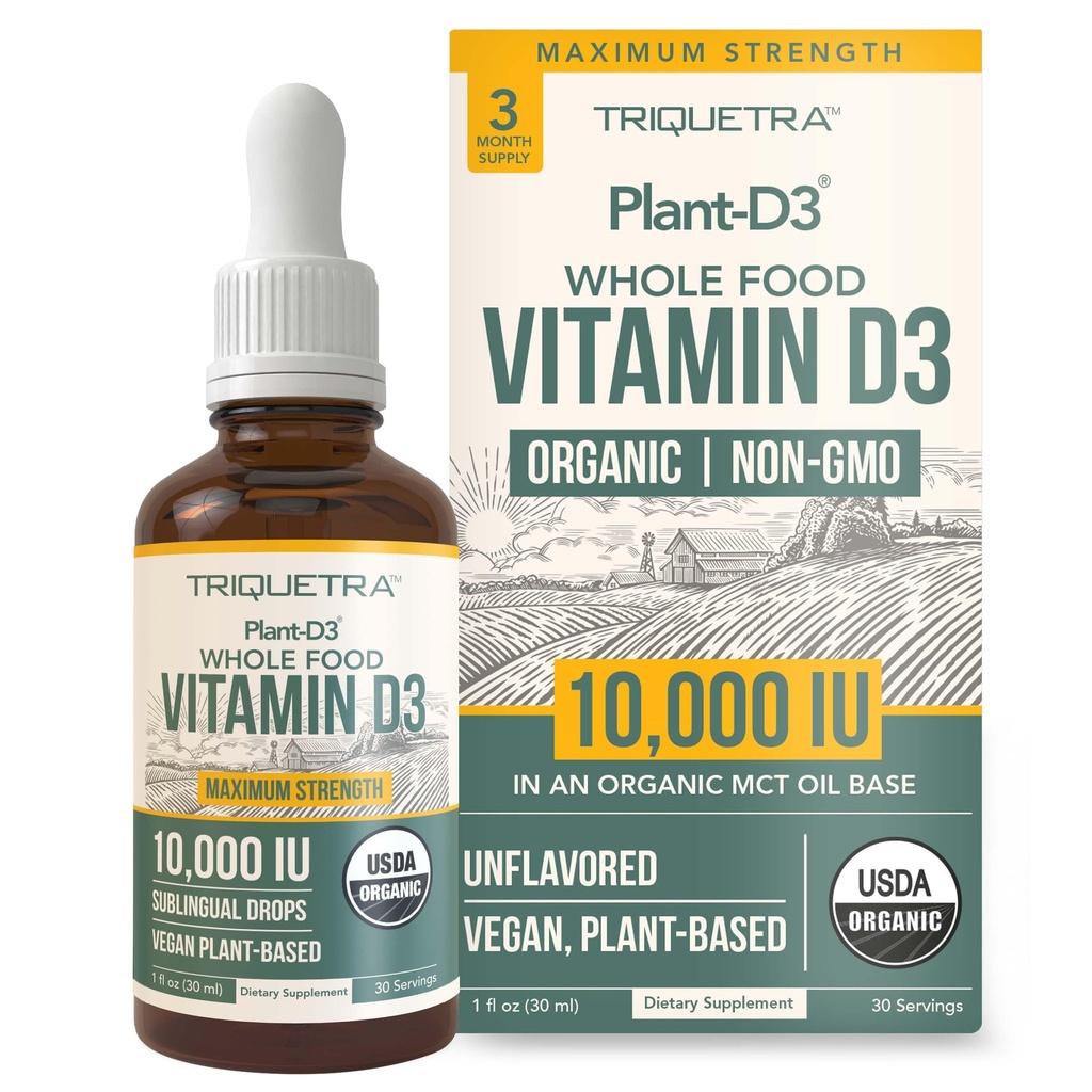 Organski vitamin D3 10.000 i.e. - rastlina D3, Vegan, Max Jakost Podjezične tekočine D3 Kapljice - 200% večja absorpcija, 100% rastlinsko osnovana oblika holekalciferola & Vegan D3, prilagodljivo odmerjanje (30 serviranja)