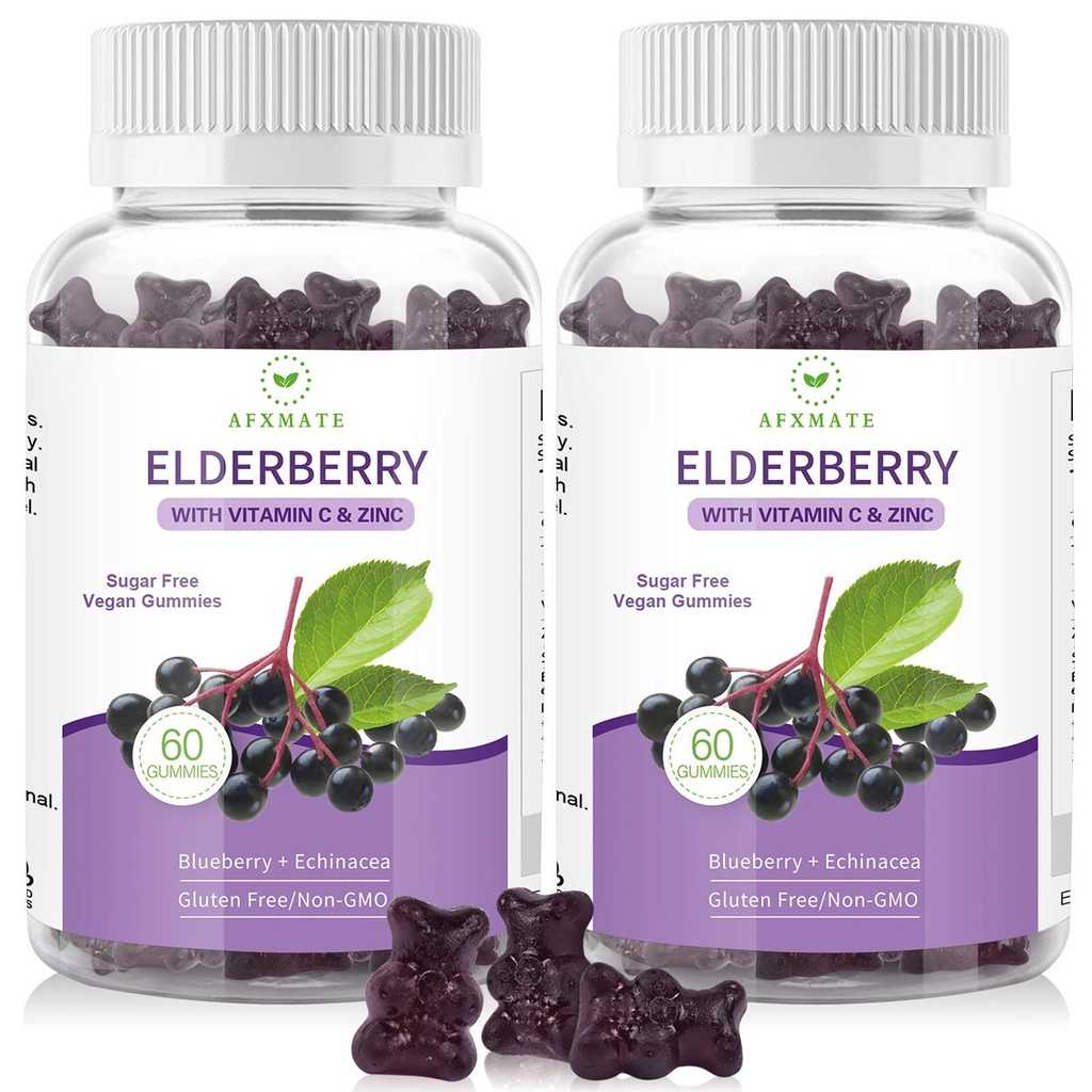 AFXMATE Sambucus Black Elderberry Gumies z cinkom in vitaminom C za odrasle otroke Imunska podpora, sladkor brez 120 števk