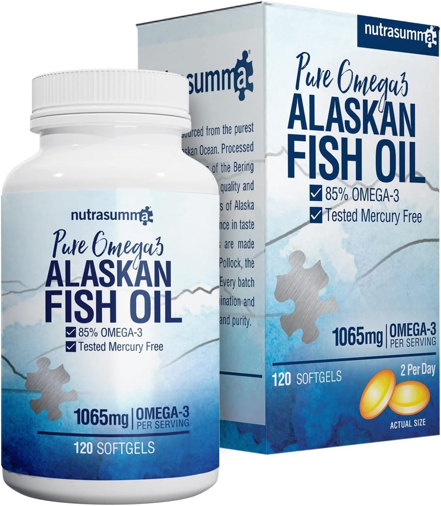 Nutrasumma visoko Prečiščena Omega 3 dodatek Wild Aljaska ribje olje Burpless & brez ribjega okusa, 650mg EPA &270mg DHA 1250mg ribje olje mehkih gelov, Gluten brezplačno, srce, Brain& Imunska podpora, 60 Serving