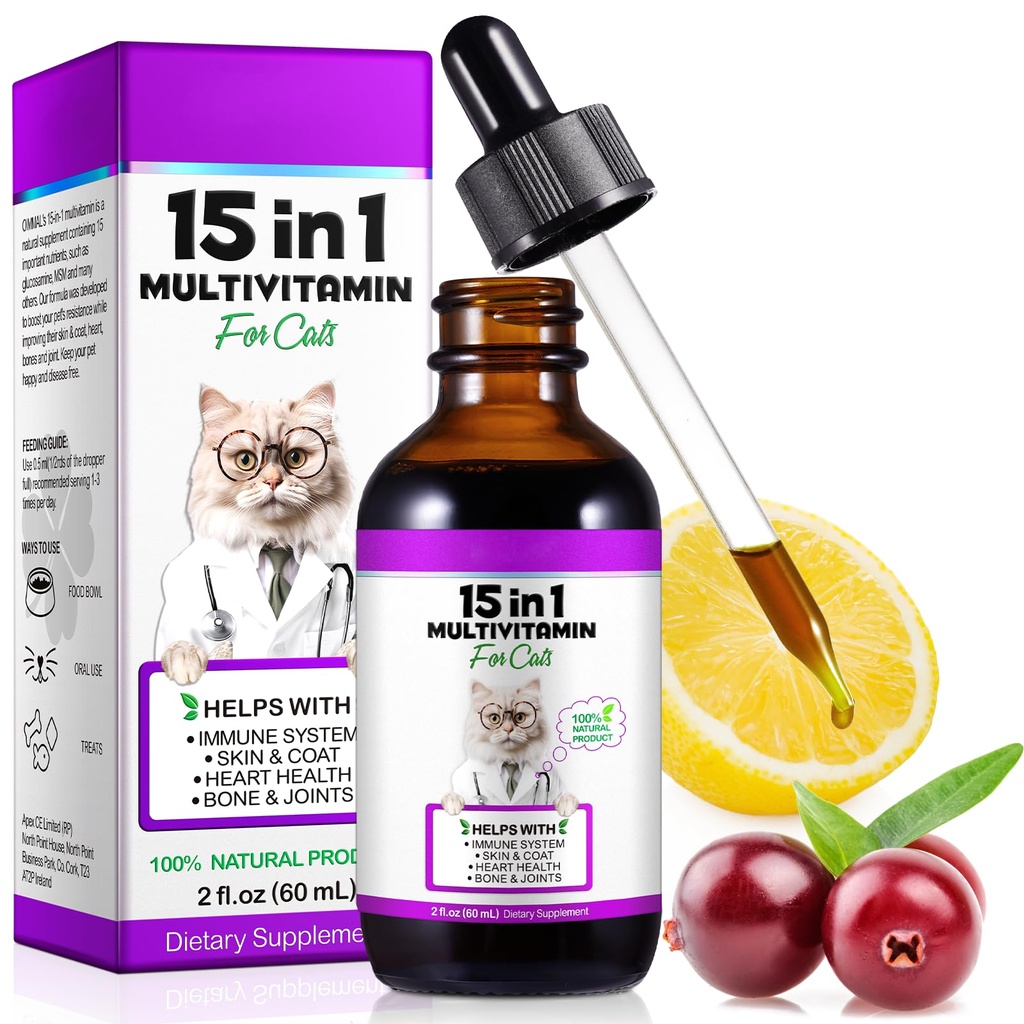 Cat multivitamin,15 v 1 Cat Vitamini Tekoče kapljice Dopolnila za zdravje srca, kosti, Joint, Koža in plašč, Bladder, Imunski sistem Podpora 60ml