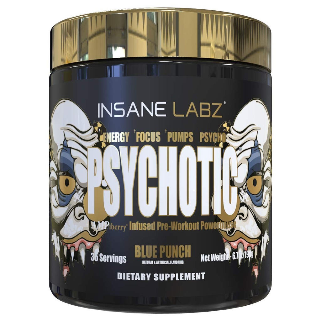 Insane Labz Psychotic Gold, High Stimulant Pre Workout Powder, Extreme Trading Energy Focus, Črpalke in vzdržljivost z Beta Alanine, DMAE Bitartrate, NO Booster (35 Serving, Blue Punch)