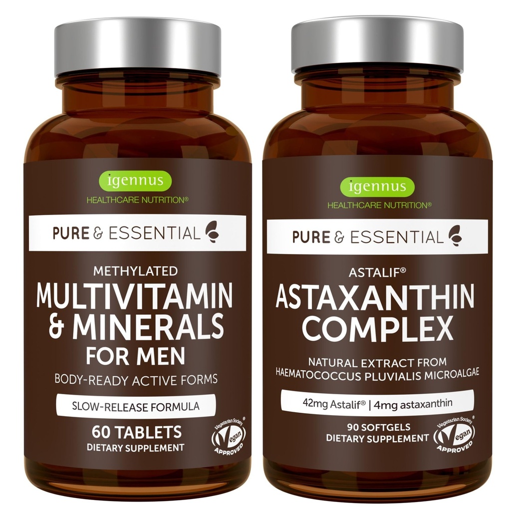 Multivitamin in minerali za moške + kompleks Astaksantin Vegan Bundle, trajen release Advanced Multivitamin + 4 mg H. Pluvialis Natural Astaksantin, by Igennus