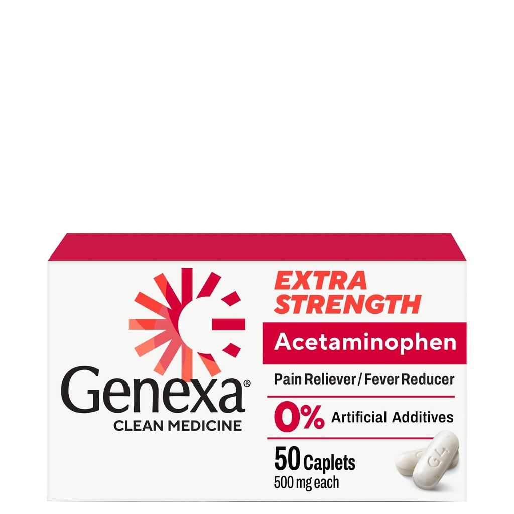 Genexa Clean Acetamofen 500 mg Dodatna moč, Barve brez bolečine Reliever Fever Relader, 0% Umetni dodatki, Pain Medicine za odrasle, Olajša glavobol, Backache, Manjši Artritis Bolečine, 50 tablet