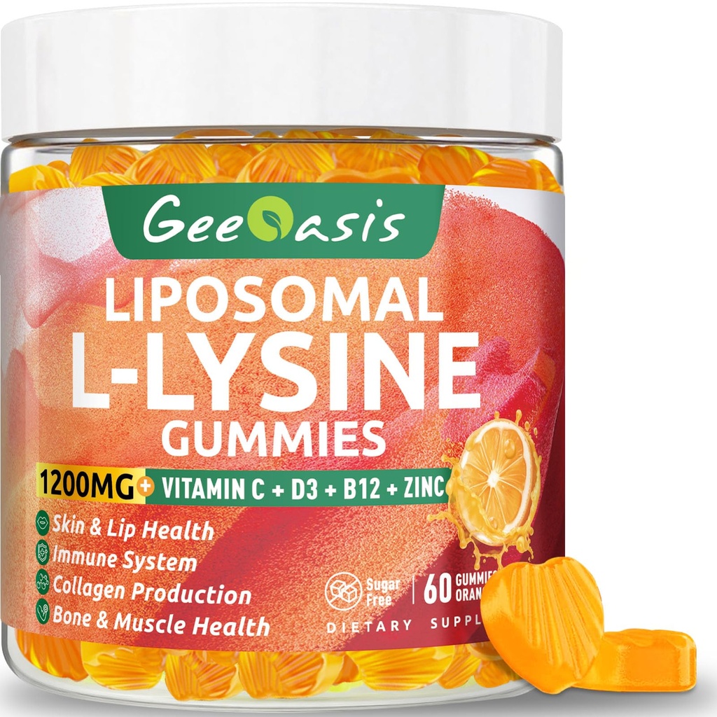 Liposomski L-lizin Gumies 1200mg, žvečljivi lizin dodatek z vitaminom C, D3, B12 & cink za odrasle in otroke, Imunska in kolagenska podpora, Lips & Skin Health, Vegan, Natural Fruit Flavor, 60CT