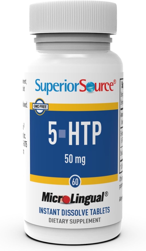 Superior Source 5-HTP 50 mg - Natural Supplement Aids Sproščujoče funkcije spanja in nevrotransmitorjev - Brain Health & Function Support - 5-Hidroksitriptofan dodatek - 60 Instant Dissolve tablete