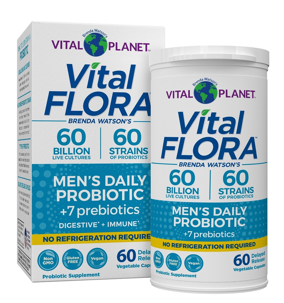 Vital Planet - Vital Flora Probiotics for Men, 60 Billion CFU, 60 Diverse Strains, 7 Organic Prebiotics, Men’s Daily Shelf Stable Probiotic for Immune Support, Gas Relief, Digestive Health 60 Capsules