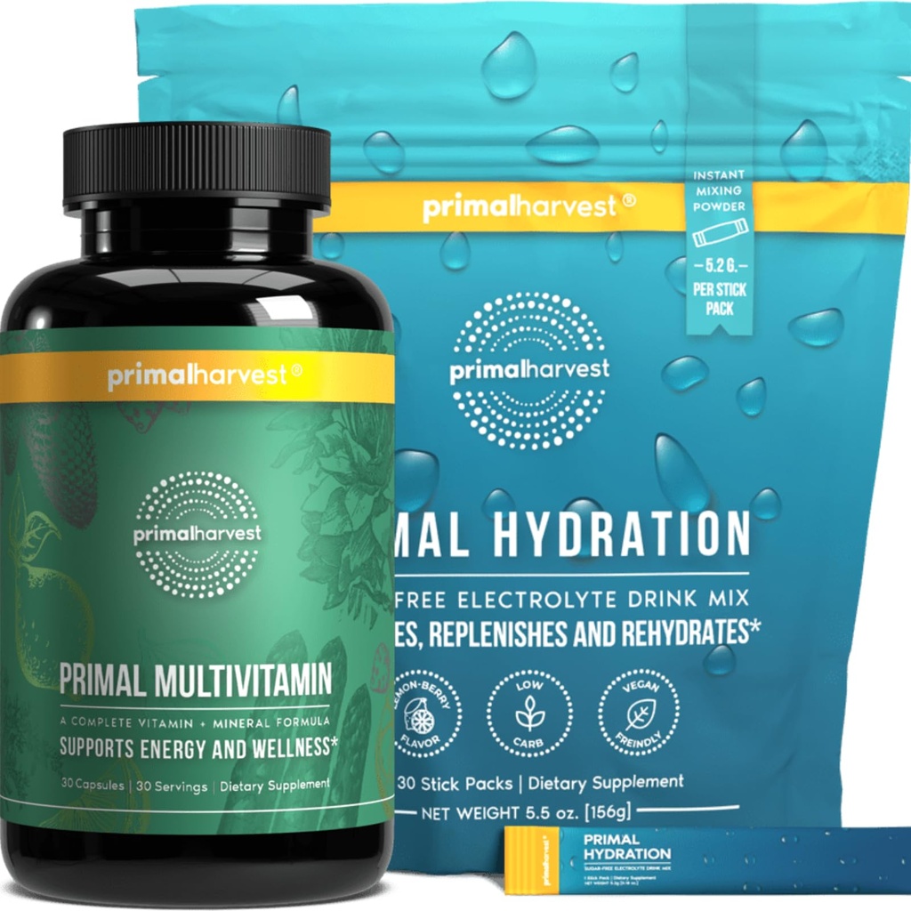 Primal žetev multivitamin in hidracija prahu dodatki za moške, paket