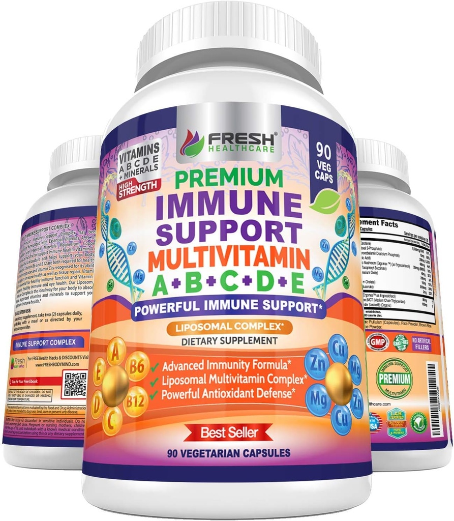 Imunska podpora Multivitamin za moške in ženske z vitamini A, B, C, D, E, B6, B12 - cink, magnezij in baker z liposomskim kompleksom za izboljšano absorpcijo - dnevni antioksidant Boost - 90 Veganske kapice