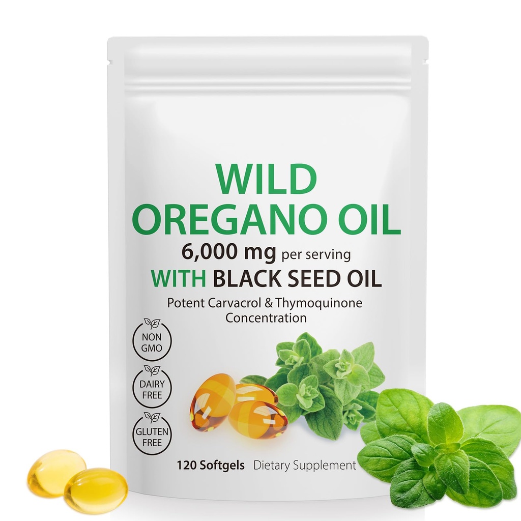 Oil of Oregano Softgels - Wild Oregano Oil 6.000mg s črnim oljem 200mg Kapsule, 120 Count, Potent Carvacrol & Thymokinon, Non-GMO, Dairy Free, Gluten Free