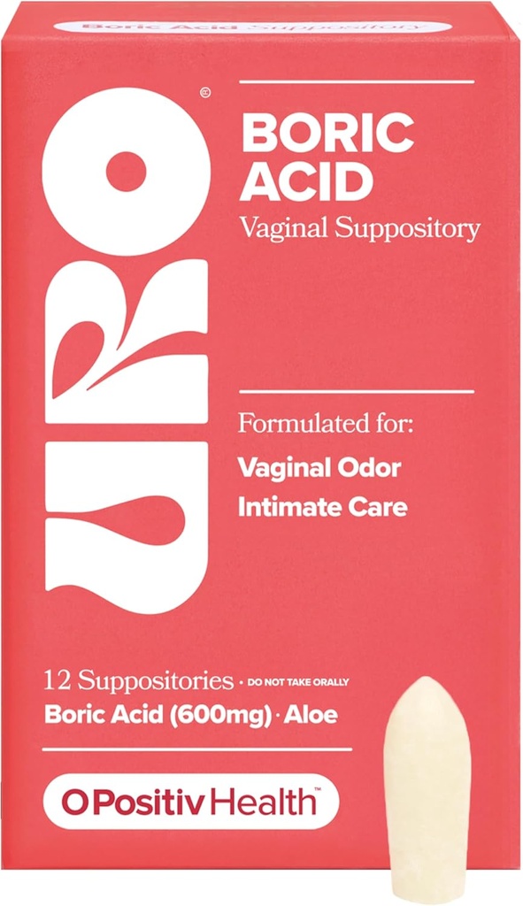 O Positiv URO Boric Acid Vaginal Suppository – z mlačno kislino, in Aloe za hitro olajšanje in Vaginal Odor Control – Vegan, brez parabenov, Dyes, in Fragrances – 12 grof (Pack of 1)