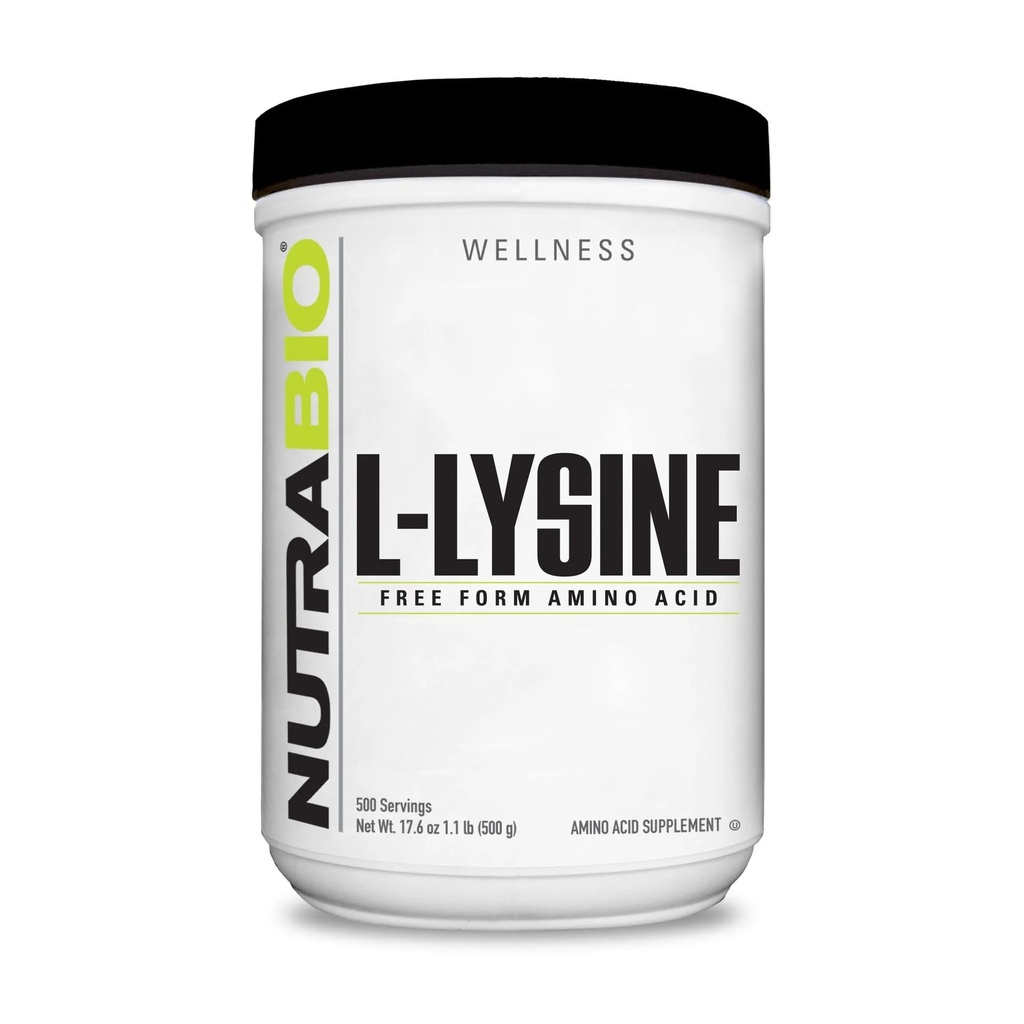 NutraBio L-Lysine Powder 500g – Esencialna aminokislina za presnovo beljakovin, kolagenska podpora, in imuno zdravje – čista, nearomatična, ne-GMO, veganska- 500 servov
