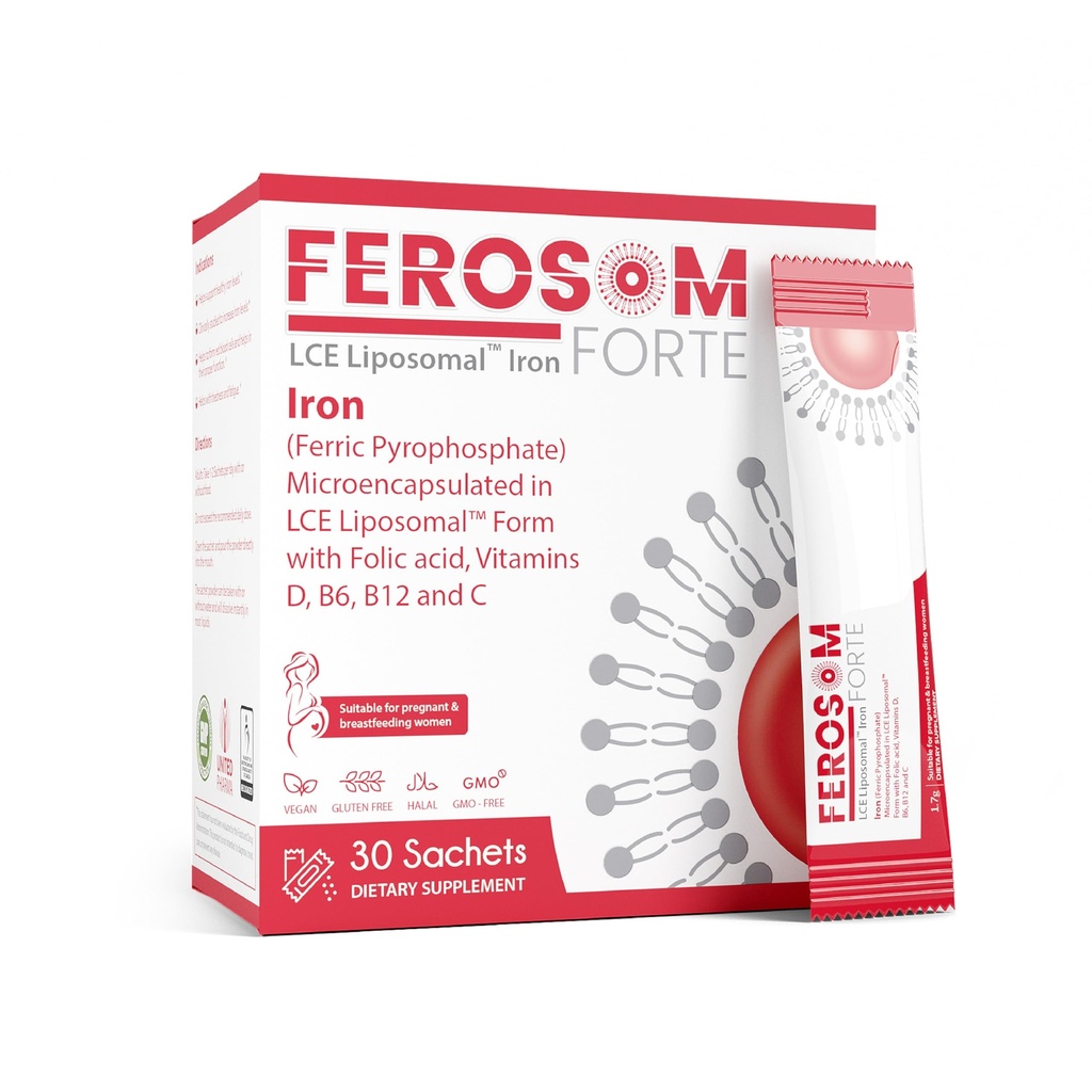 LCE liposomski železov prah – 21mg elementarno železo z vitamini B12, B6, C, D & Folna kislina – Gentle Berry-Flavored dopolnilna pijača, 30 Veganske vrečke