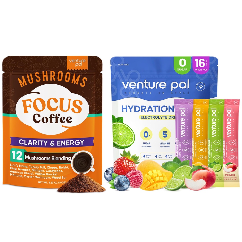 Coffee & Electrolyte Powder Bunded: 12 v 1 Kava z Ashwagandha za Fokus & Immuniteta + Brez sladkorja Elektrolitni paketi s 5 Vitamini in 7 Elektroliti - 40 Serving & 16 Stick