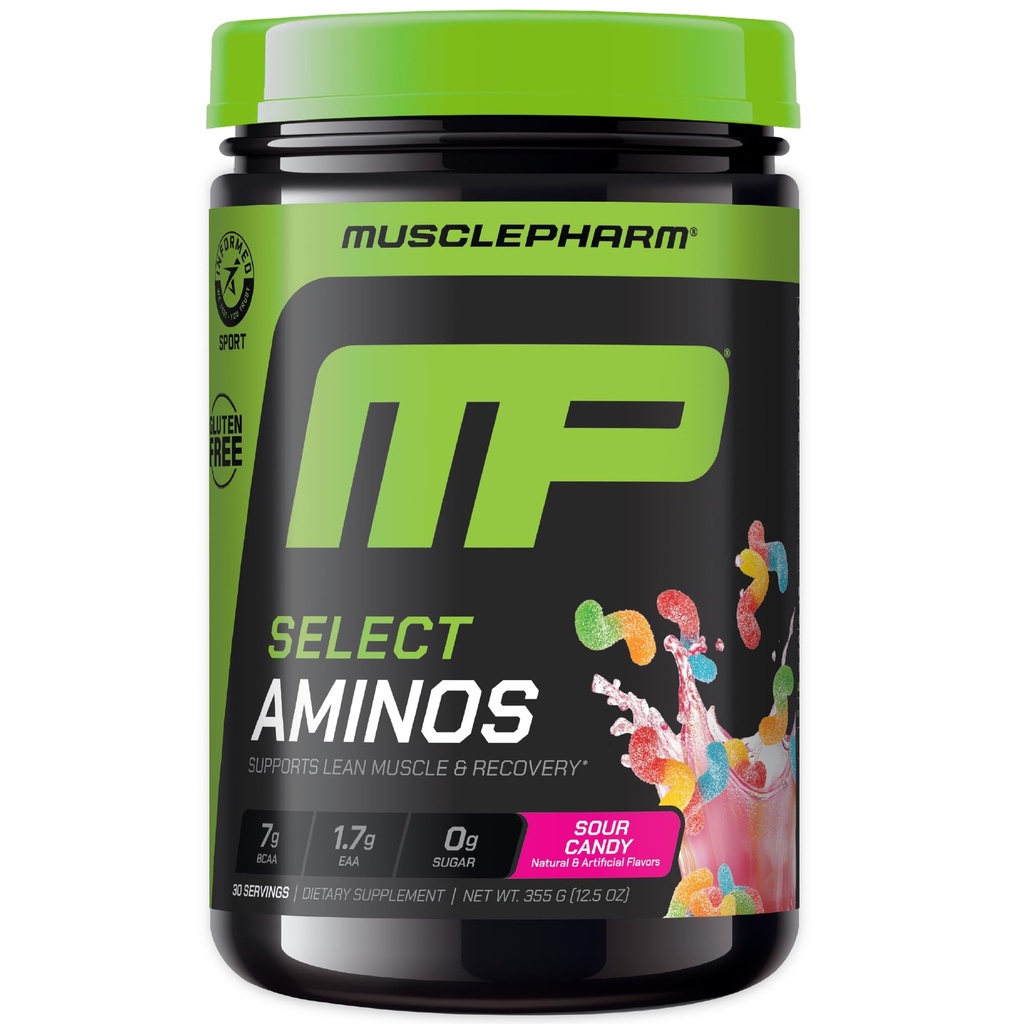 MusclePharm Select Amino's EAA + BCAA, Postworkout Essential Amino Acids Powder, Pre Workout Energy Supplement za moške in ženske z razvejano verigo Aminokisline, 30 Serving (Sur Candy)