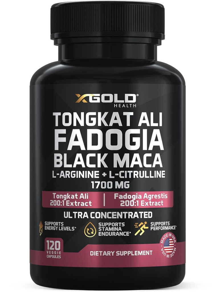 X Gold Health Tongkat Ali + Fadogia Agrestis + Črna Maca – Energija, Vitalnost in Stamina Booster za moške in ženske Made in USA