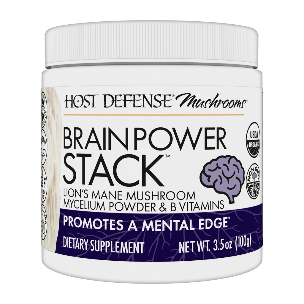 Host Defense BrainPower Stack Powder - Targeted Brain Support Supplement - Powder Gobe Dodatek z Lion's Mane, Niacin (B3) & Vitamin B12 - Herbal Brain Support - 100g (66 Servings)*